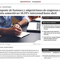 El importe de fusiones y adquisiciones de empresas en Espaa aument un 10,59% interanual hasta abril